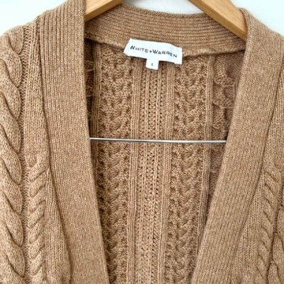 White + Warren Camel Brown Wool Blend Chunky Knit Cardigan Sweater Womens L - Picture 4 of 10